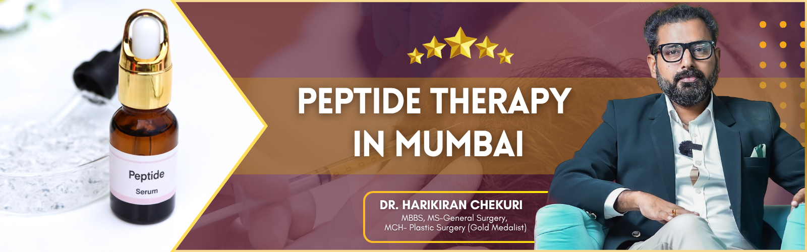 Advertisement banner for Peptide Therapy in Mumbai showing a serum bottle on the left and a man in a suit on the right.