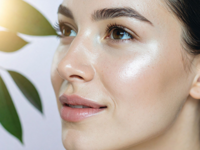 Close-up of a woman's face with dewy, glowing skin beside a plant leaf on the left side of the frame, soft lighting.