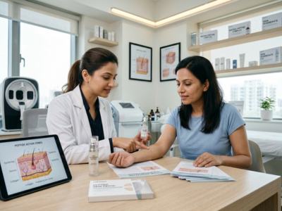 Clinician and patient discuss treatment options at a clinic desk with brochures and a tablet showing a diagram.