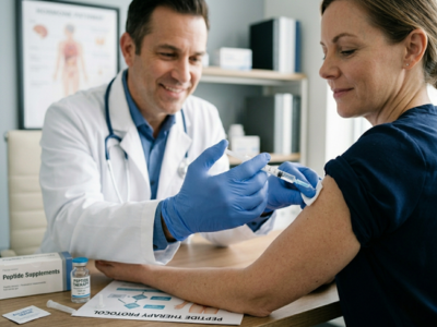 Doctor wearing gloves administers a vaccine to a patient's upper arm in a clinic setting.