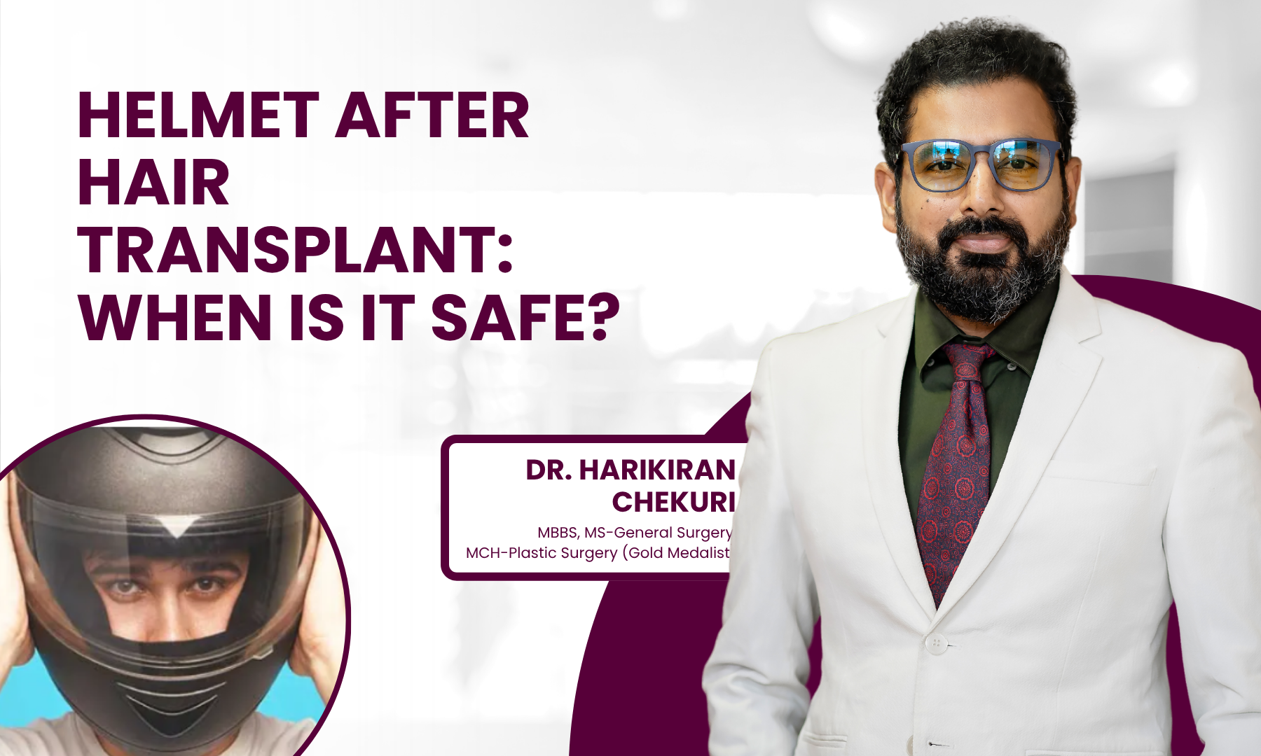 Informational banner about helmet use after hair transplant; left-aligned bold headline, doctor on right, circular helmet image bottom-left.
