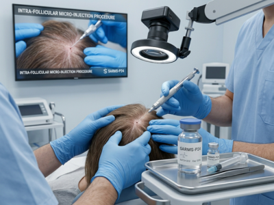 Medical team performing an intra-follicular micro-injection on a patient’s scalp; monitor, magnifying lamp, and vials nearby.
