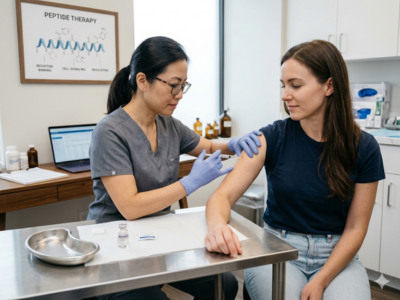 Nurse wearing gloves injects patient’s upper arm in a clinical room, with medical equipment in the background and a laptop on the desk.