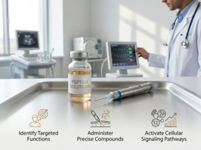 Lab scene with a vial labeled 'Peptide Solutions' and a syringe on a tray; a clinician operates a monitoring device in the background, illustrating peptide-based therapeutics for targeted functions and cellular signaling.