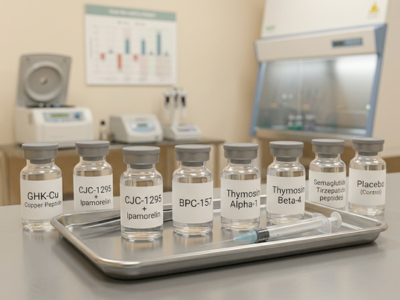 Row of labeled glass vials on a stainless tray in a clean lab, containing peptides such as GHK-Cu, CJC-1295, BPC-157, and Thymosin Alpha-1.