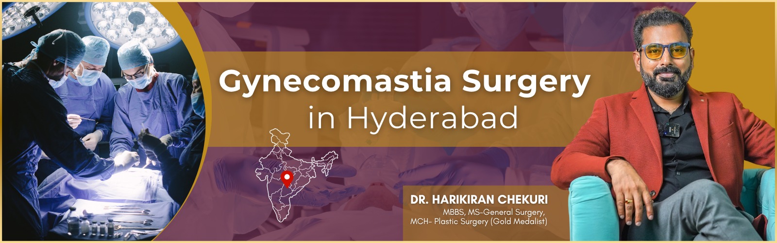 Banner advertising gynecomastia surgery in Hyderabad, with a surgical team at work on the left and a man in a red blazer on the right.