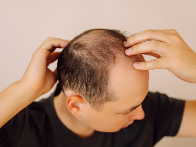 Man with thinning hair running his hands through his scalp, looking down in thought.