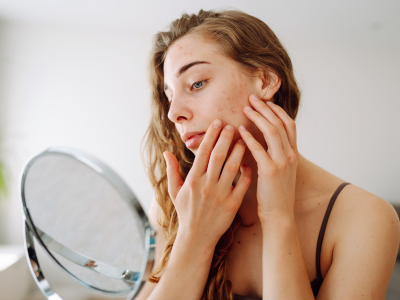 Woman with acne examining her face in a mirror, touching her cheek as she looks at her reflection.