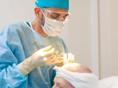 Fue hair transplant | Redefine Surgeon in blue gown, mask, and goggles performs head surgery on a patient, guiding instruments precisely.