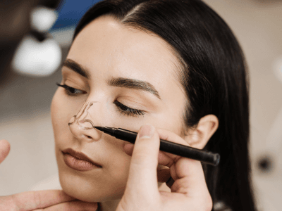Close-up of a woman with dark hair having nose contour makeup applied by a makeup artist.