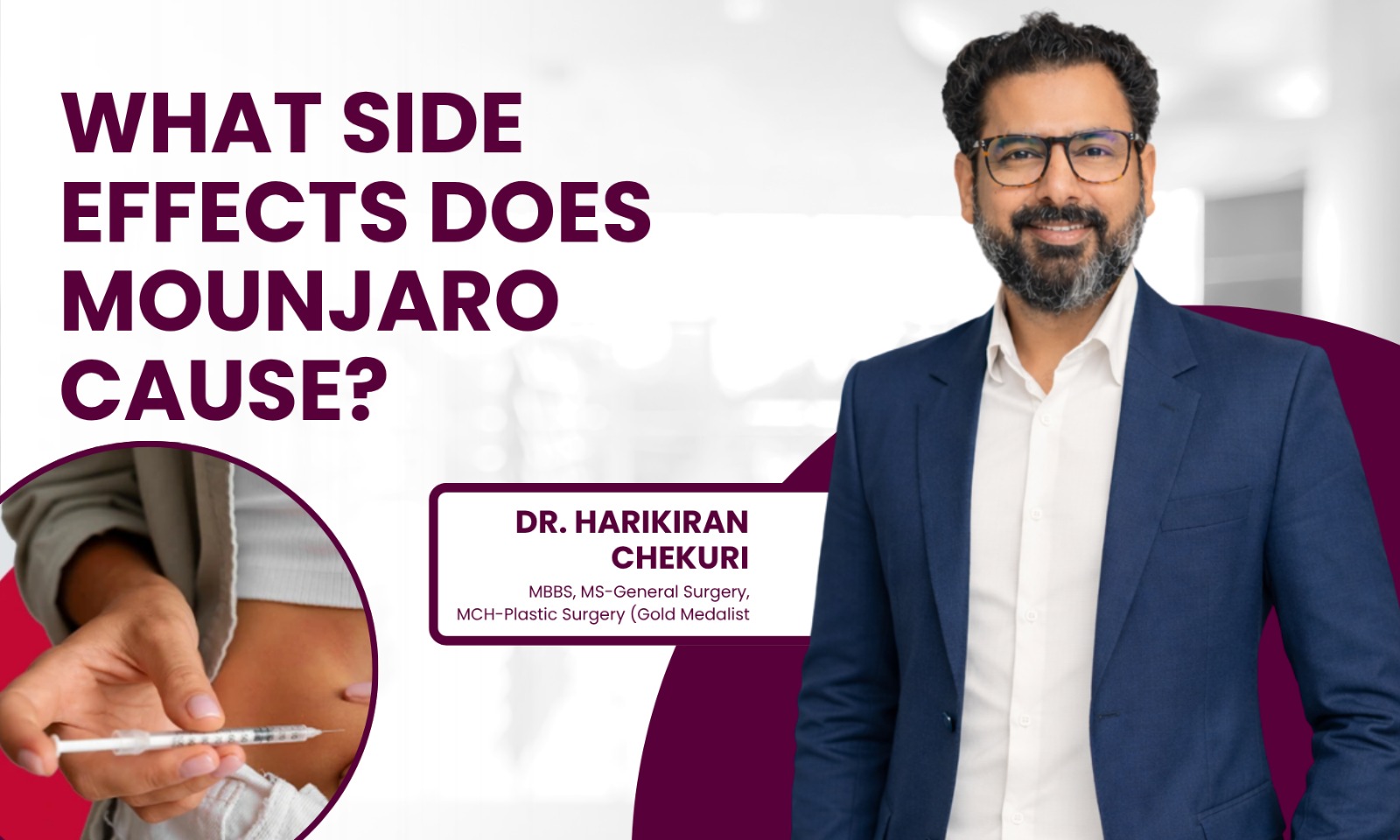 Informational banner: 'What side effects does Mounjaro cause?' with a man in a navy suit on the right and a syringe image in a circle on the left.