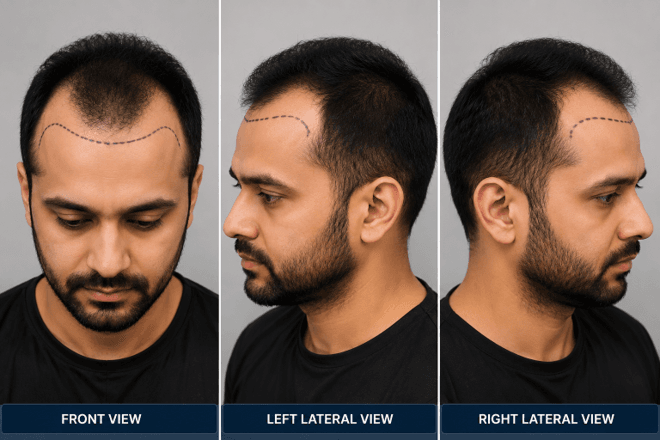Front view of a man looking down with a dotted purple hairline drawn along his forehead for a hair transplant planning session