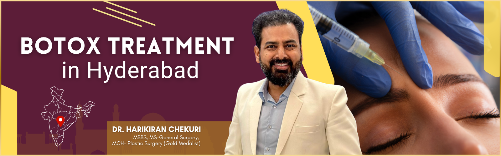 Banner advertising Botox treatment in Hyderabad with Dr. Harikiran Chekuri and a facial injection area close-up