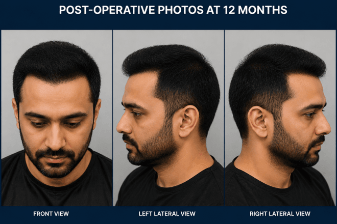 Three-panel collage of a man with short dark hair and a beard, shown from front, left profile, and right profile, illustrating 12-month postoperative results.