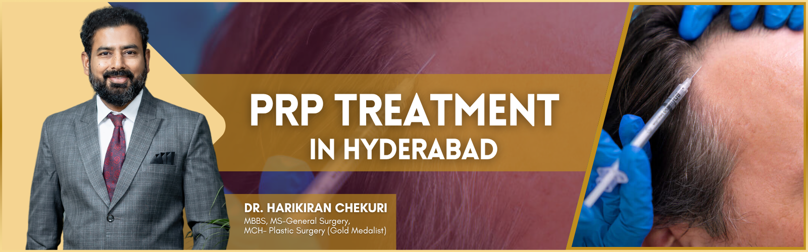 3 | Redefine PRP Treatment in Hyderabad banner: a man in a gray suit on the left, bold title center, syringe near a patient's scalp on the right, Dr. Harikaran Chekuri listed
