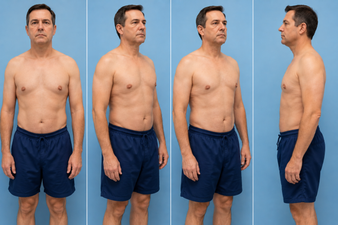 Two-panel side-by-side headshots of a woman showing before (left) and after (right) facial refinements, focusing on the eye and cheek area.