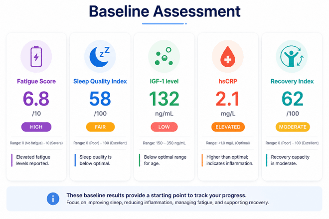 Baseline Assessment dashboard showing five cards: Fatigue 6.8 High, Sleep Quality Index 58 Fair, IGF-1 level 132 ng/mL Low, hsCRP 2.1 mg/L Elevated, Recovery Index 62/100 Moderate.