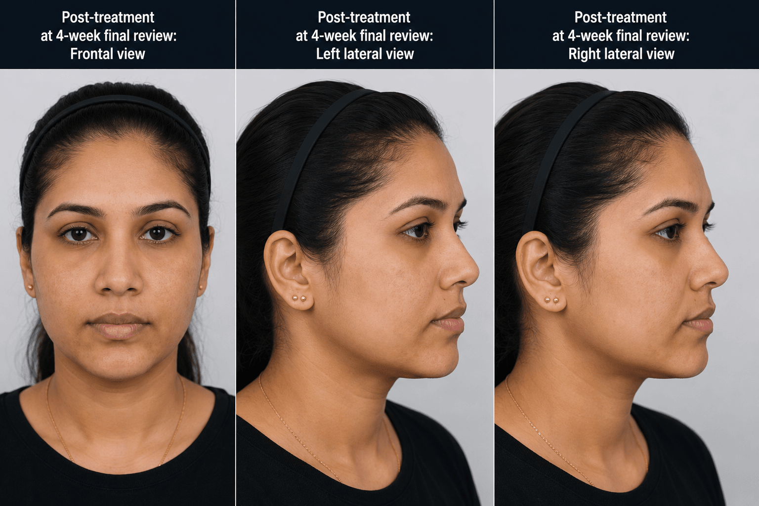 Two-panel side-by-side headshots of a woman showing before (left) and after (right) facial refinements, focusing on the eye and cheek area.