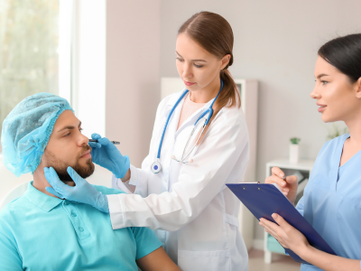 Doctor in white coat and stethoscope examining a patient, touching his face while a nurse takes notes nearby in a clinical room
