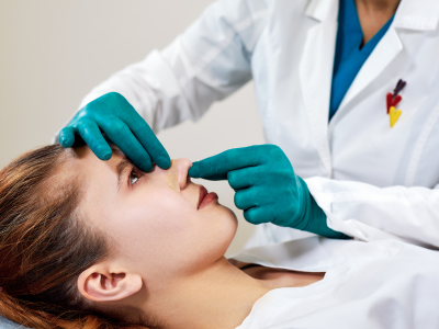 Medical professional in teal gloves examining a patient's face while the patient lies down, inspecting the eye area.