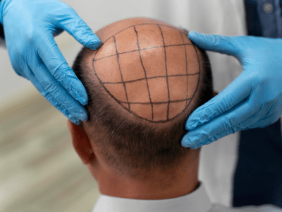 Back of a man's head with a grid drawn on the scalp for a hair transplant, held steady by gloved medical professionals.