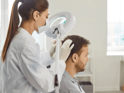 Clinician in a white coat and mask adjusts a circular examination light on a seated male patient in a clinical setting.