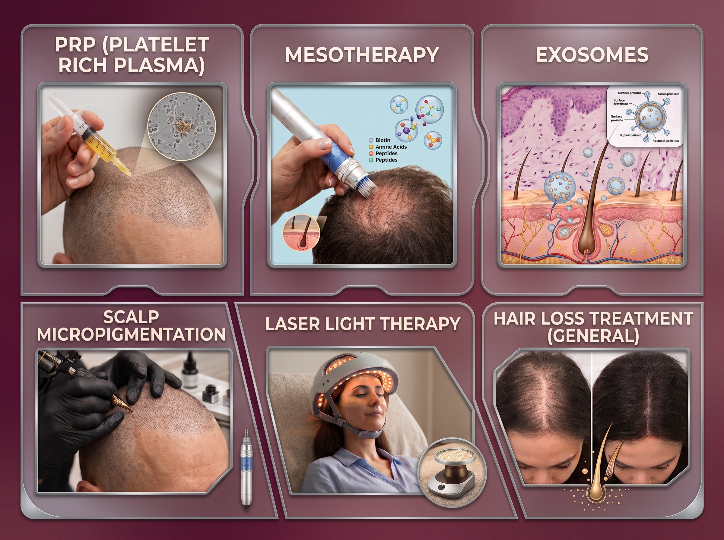 Infographic panel illustrating hair loss treatments: PRP, Mesotherapy, and Exosomes with images of scalp injections and skin cross-section.