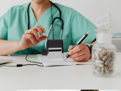 Healthcare professional in teal scrubs stamps a document on a desk, stethoscope around the neck, with a jar of pills nearby.