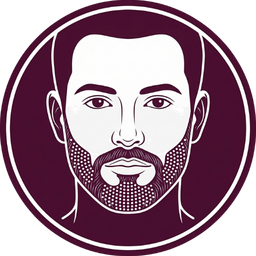 Stylized circular avatar illustrating a bearded man with short dark hair and a maroon backdrop.