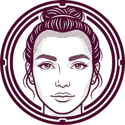 Stylized portrait of a woman with her hair in a bun, framed by concentric maroon circles.