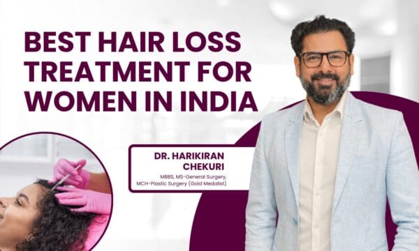 Advertising banner reading 'BEST HAIR LOSS TREATMENT FOR WOMEN IN INDIA' with a smiling man in a light blazer on the right and a circular inset of a woman receiving hair treatment on the left.