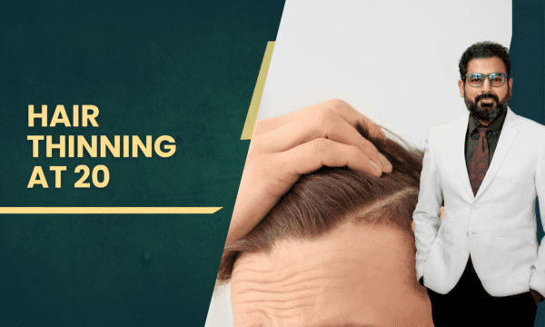 Banner about hair thinning at 20: left-side headline 'HAIR THINNING AT 20' with a teal background; right side shows a close-up of a thinning scalp and a man in a white suit standing nearby.