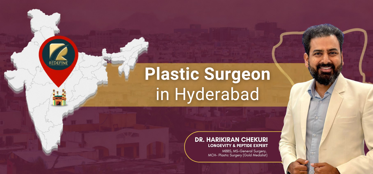 Banner promoting a plastic surgeon in Hyderabad, with a map of India, a red location pin, and a smiling man in a beige suit on the right.