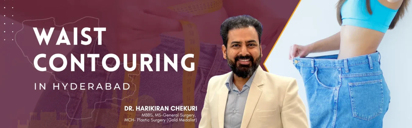 Banner reads 'WAIST CONTOURING IN HYDERABAD' with a man in a beige suit and a person measuring jeans, suggesting a medical/fitness service.