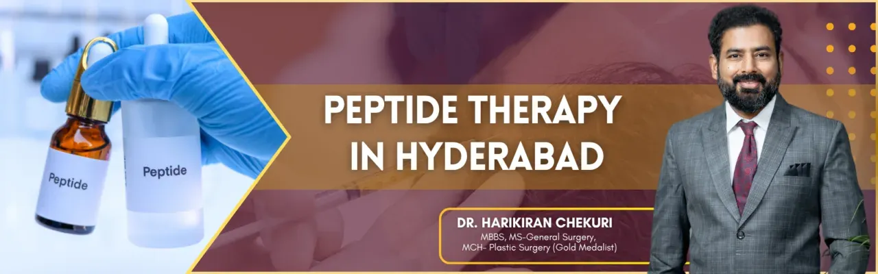 Promotional banner for peptide therapy in Hyderabad featuring peptide vials on the left and a suited doctor on the right.
