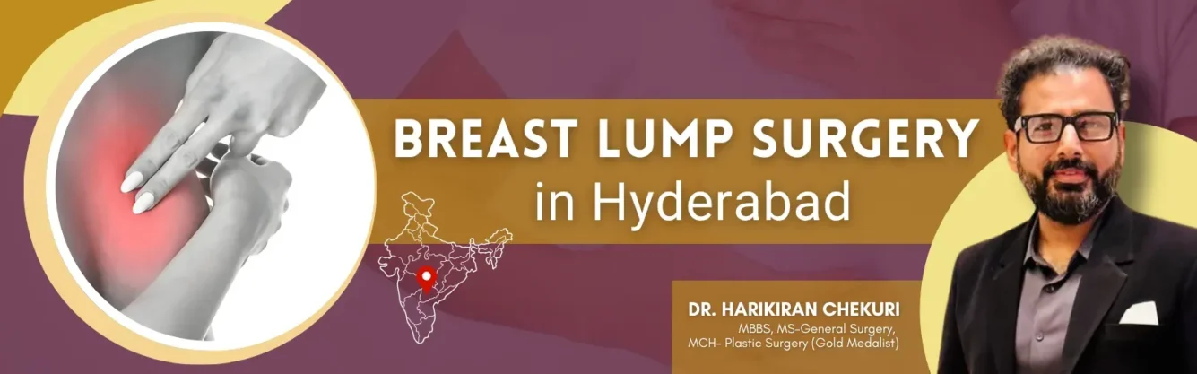 Banner advertising breast lump surgery in Hyderabad, showing a highlighted breast image, a map of India with a Hyderabad pin, and Dr. Harikiran Chekuri on the right.