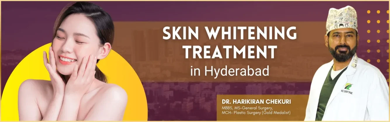 Smiling woman touching her cheeks in front of a yellow circle; banner reads 'Skin Whitening Treatment in Hyderabad' with a doctor on the right.
