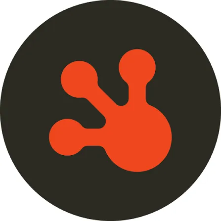 Company logo featuring an orange interconnected hub/spoke shape on a dark circular background.