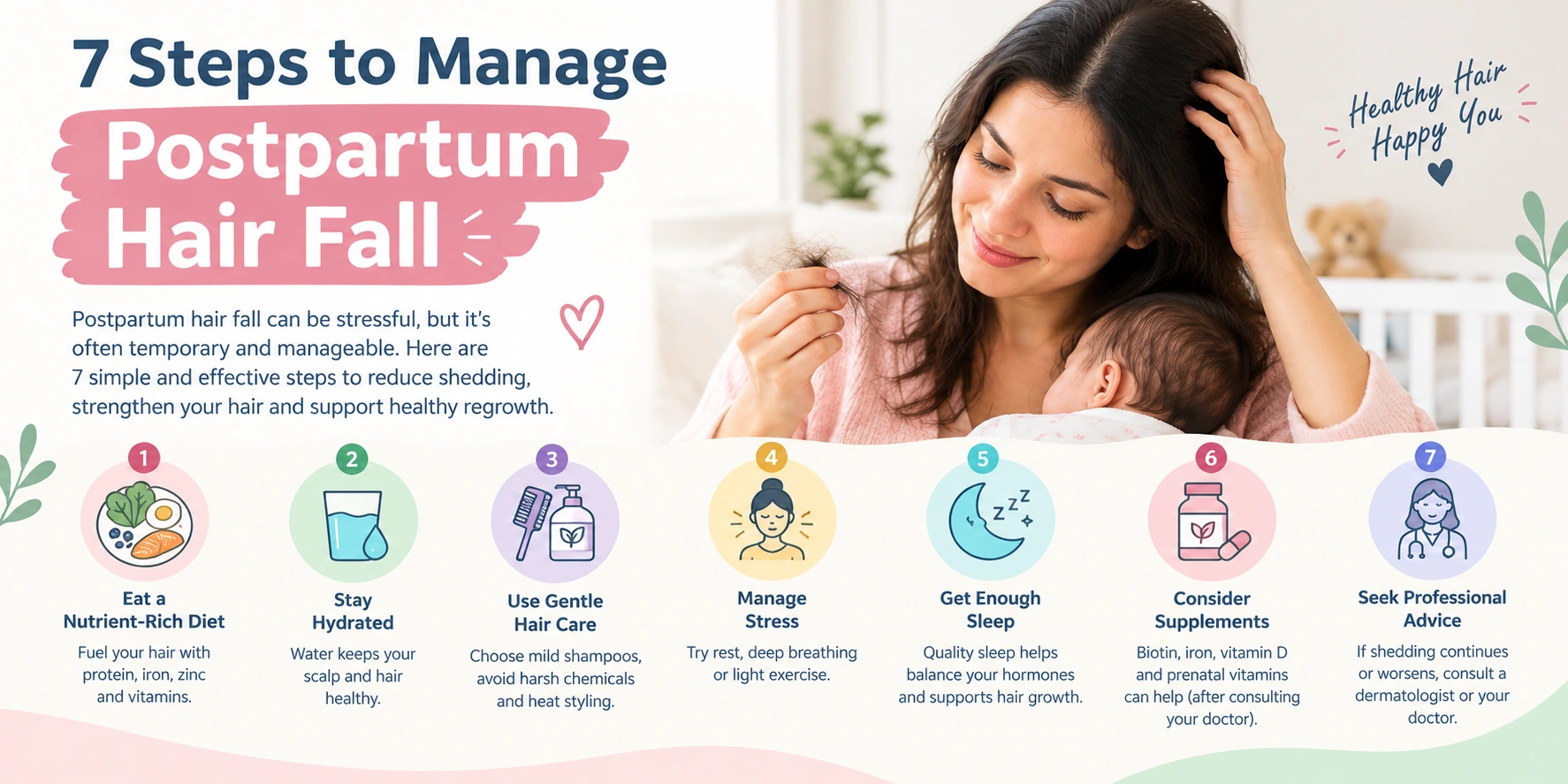 Banner: '7 Steps to Manage Postpartum Hair Fall' with a smiling mother holding her baby, and seven step icons below describing care tips.