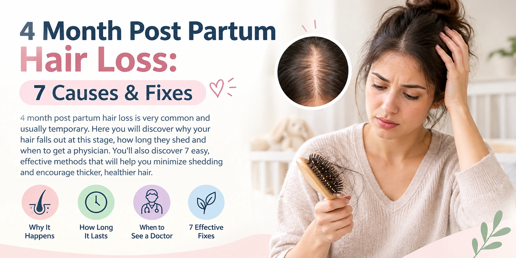 Hero image for postpartum hair loss article: woman distressed while brushing hair, with a circular inset showing thinning scalp; title reads '4 Month Post Partum Hair Loss: 7 Causes & Fixes'.